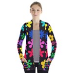 Colorful flowers on a black background pattern                                                           Women s Open Front Pockets Cardigan