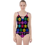 Colorful flowers on a black background pattern                                                           Cut Out Top Tankini Set