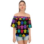 Colorful flowers on a black background pattern                                                           Off Shoulder Short Sleeve Top