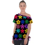 Colorful flowers on a black background pattern                                                           Off Shoulder Tie-Up Tee