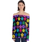 Colorful flowers on a black background pattern                                                         Off Shoulder Long Sleeve Top