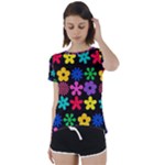 Colorful flowers on a black background pattern   Short Sleeve Foldover Tee