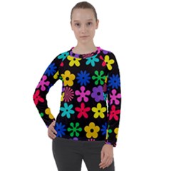 Colorful flowers on a black background pattern  Women s Long Sleeve Raglan Tee from ArtsNow.com