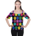 Colorful flowers on a black background pattern                                                            Women s Cutout Shoulder Tee