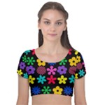 Colorful flowers on a black background pattern                                                         Velvet Short Sleeve Crop Top