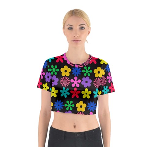 Colorful flowers on a black background pattern                                                            Cotton Crop Top from ArtsNow.com