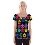 Colorful flowers on a black background pattern                                                            Women s Cap Sleeve Top