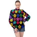 Colorful flowers on a black background pattern                                                          High Neck Long Sleeve Chiffon Top