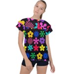 Colorful flowers on a black background pattern                                                         Ruffle Collar Chiffon Blouse