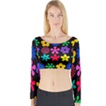 Colorful flowers on a black background pattern                                                            Long Sleeve Crop Top