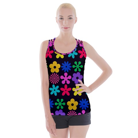 Colorful flowers on a black background pattern                                                           Criss cross Back Tank Top from ArtsNow.com