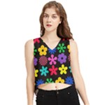 Colorful flowers on a black background pattern                                                            V-Neck Cropped Tank Top