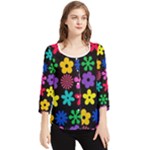 Colorful flowers on a black background pattern                                                            Chiffon Quarter Sleeve Blouse