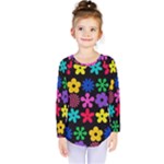 Colorful flowers on a black background pattern                                                             Kids  Long Sleeve Tee