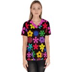 Colorful flowers on a black background pattern                                                             Women s V-Neck Scrub Top