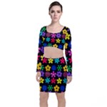 Colorful flowers on a black background pattern                                                               Long Sleeve Crop Top & Bodycon Skirt Set