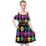 Colorful flowers on a black background pattern                                                              Cut Out Shoulders Chiffon Dress