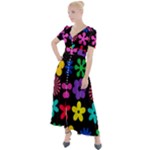 Colorful flowers on a black background pattern                                                               Button Up Short Sleeve Maxi Dress