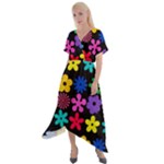 Colorful flowers on a black background pattern                                                             Cross Front Sharkbite Hem Maxi Dress