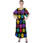 Colorful flowers on a black background pattern                                                               V-Neck Boho Style Maxi Dress