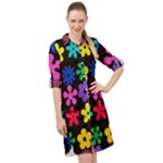 Colorful flowers on a black background pattern                                                               Long Sleeve Mini Shirt Dress