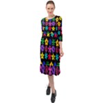 Colorful flowers on a black background pattern                                                               Ruffle End Midi Chiffon Dress