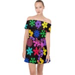 Colorful flowers on a black background pattern                                                          Off Shoulder Chiffon Dress