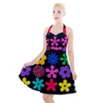 Colorful flowers on a black background pattern                                                               Halter Party Swing Dress