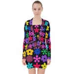 Colorful flowers on a black background pattern                                                               V-neck Bodycon Long Sleeve Dress