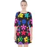 Colorful flowers on a black background pattern                                                              Quarter Sleeve Pocket Dress