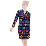 Colorful flowers on a black background pattern                                                              Button Long Sleeve Dress