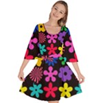 Colorful flowers on a black background pattern                                                         Velvet Kimono Dress