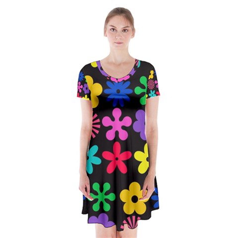 Colorful flowers on a black background pattern                                                                Short Sleeve V