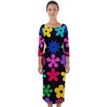 Colorful flowers on a black background pattern                                                              Quarter Sleeve Midi Bodycon Dress