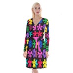 Colorful flowers on a black background pattern                                                                Long Sleeve Velvet Front Wrap Dress