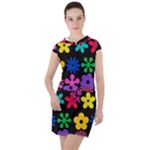 Colorful flowers on a black background pattern                                                                           Drawstring Hooded Dress