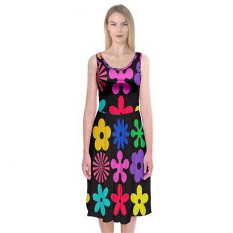 Colorful flowers on a black background pattern                                                           Midi Sleeveless Dress from ArtsNow.com