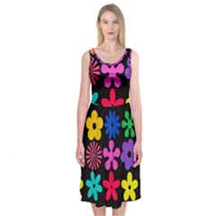 Colorful flowers on a black background pattern                                                           Midi Sleeveless Dress from ArtsNow.com