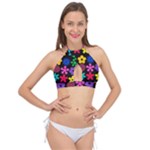 Colorful flowers on a black background pattern                                                          Cross Front Halter Bikini Top