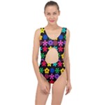 Colorful flowers on a black background pattern                                                           Center Cut Out Swimsuit