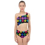 Colorful flowers on a black background pattern                                                          Spliced Up Swimsuit