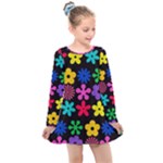 Colorful flowers on a black background pattern                                                           Kids  Long Sleeve Dress