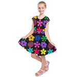 Colorful flowers on a black background pattern                                                                Kids  Short Sleeve Dress