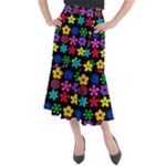 Colorful flowers on a black background pattern                                                                Midi Mermaid Skirt