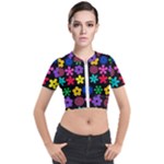 Colorful flowers on a black background pattern                                                            Short Sleeve Cropped Jacket