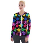 Colorful flowers on a black background pattern                                                            Velour Zip Up Jacket