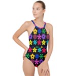 Colorful flowers on a black background pattern                                                           High Neck One Piece Swimsuit