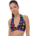 Colorful flowers on a black background pattern                                                         Halter Plunge Bikini Top