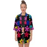 Colorful flowers on a black background pattern                                                           Open Front Chiffon Kimono