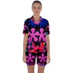 Colorful flowers on a black background pattern                                                         Satin Short Sleeve Pyjamas Set